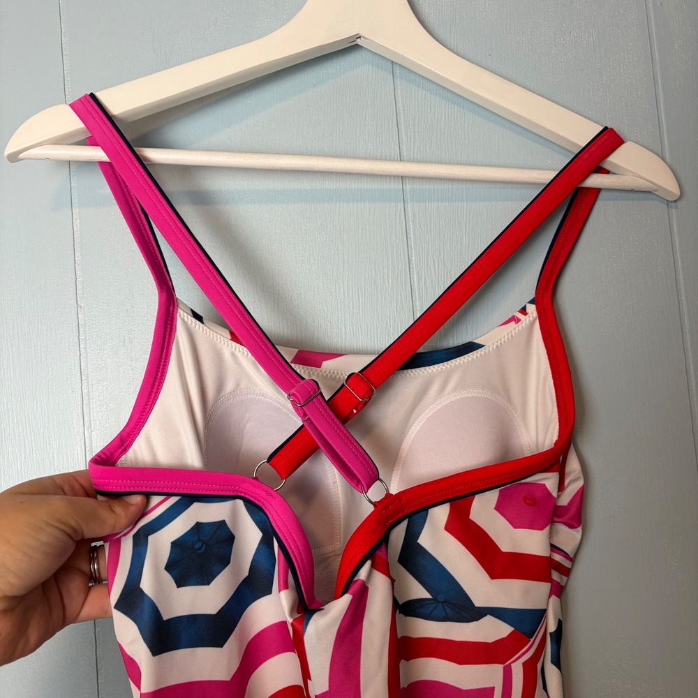 Lands' End Pink Red Navy Umbrella Print One Piece Swimsuit Size 6 Crossback - Picture 3 of 9